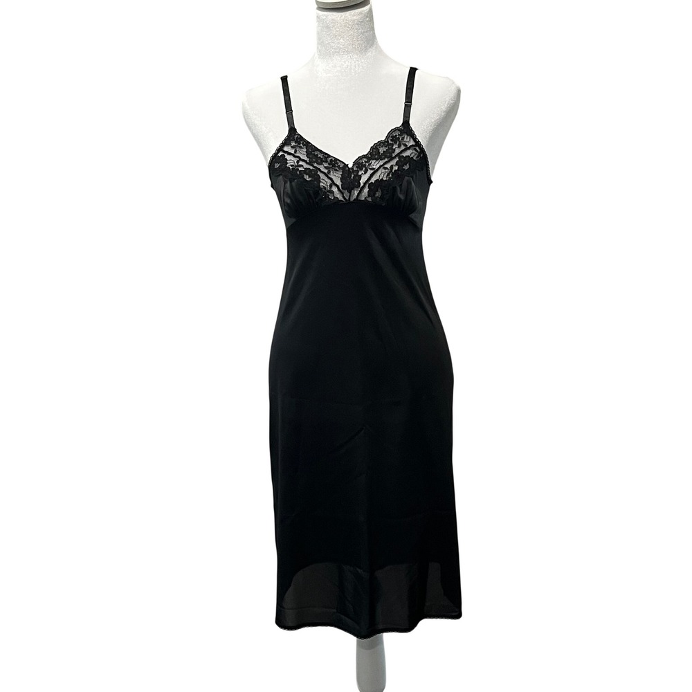 Vintage Hanes Her Way Black Lace Trim Slip‎ Dress Size 32 Negligee Nylon Retro